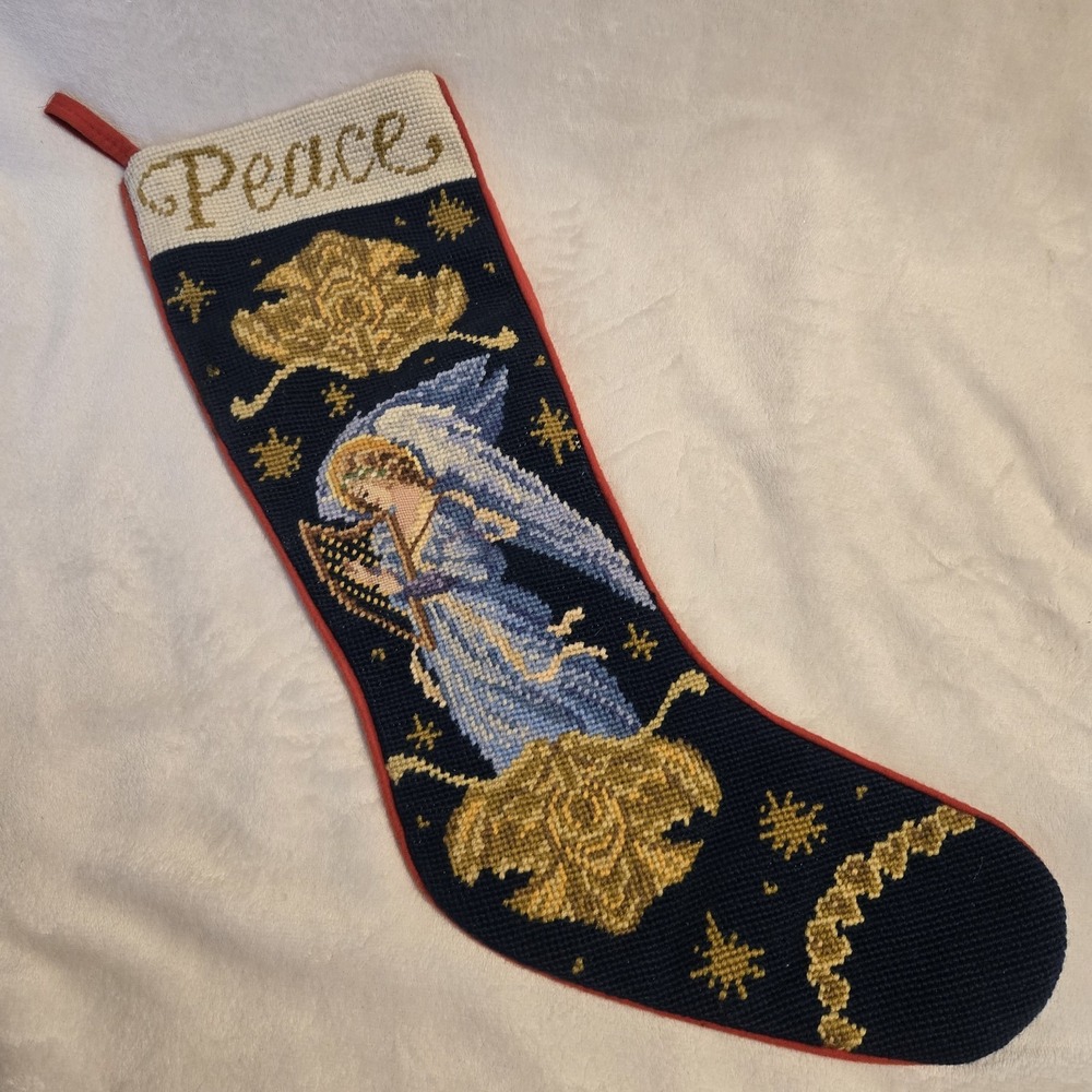 Vintage Handmade Needlepoint Christmas Stocking Peace Angel Harp 18" Blue Gold